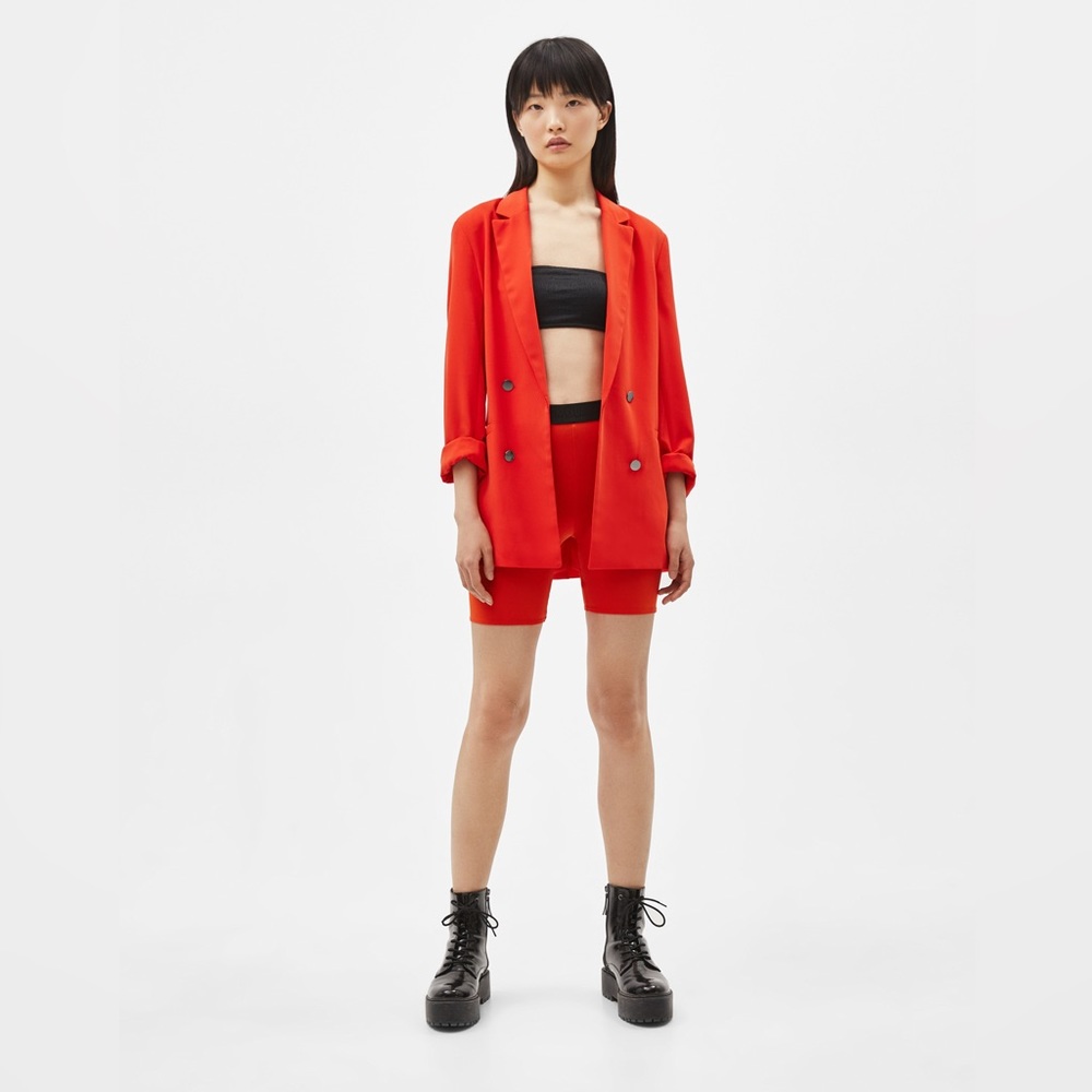 Bershka Fun Modern Tomato Red Open Front Accent Blazer w/ Quarter Sleeves